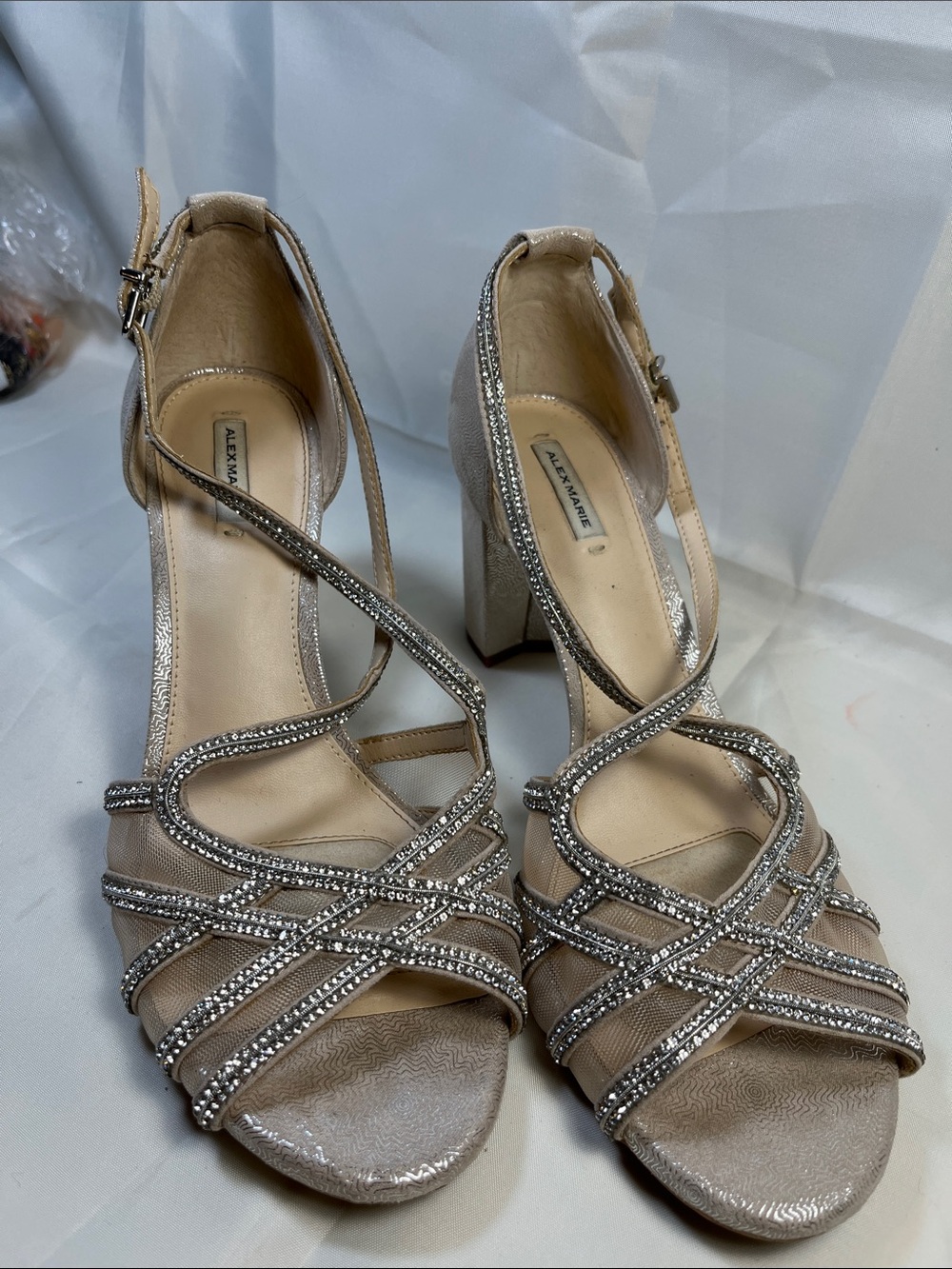 Alex Marie Champagne Crystal-Strap Block Heels